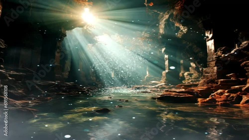 The magical atmosphere in the cave with a little sunlight and a real fantasy light flake effect, great for use in backgrounds, blogs, websites, advertisements, banners and billboards. photo