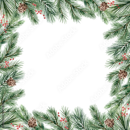 Watercolor vector Christmas square frame. Fir branches, red berries, cones, border, wreath. Illustration for greeting cards, New year invitations. Hand drawn illustration.