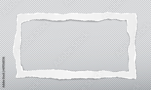 Torn, ripped rectangular white paper with soft shadow is on squared background for text or ad.