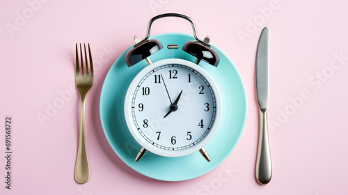 Classic alarm clock with a round face and bells on top, placed on a plate a light pink background.