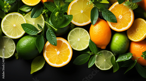 Top view fresh mix citrus fruit on black background photo