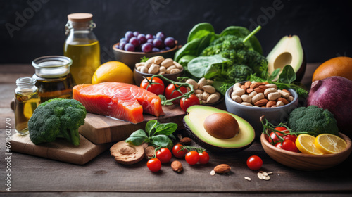 Variety of healthy foods including a fillet of salmon, avocados, nuts, leafy greens, and other vegetables