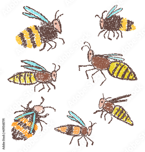 Set of bee, wasp, bumblebee, hornet. Doodle hand drawn black yellow striped flying insect. Crayon, pencil or pastel chalk like kid`s style vector funny rough stroke cartoon flat simple art