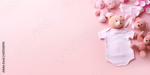 Baby toys and clothes on pink background copy space