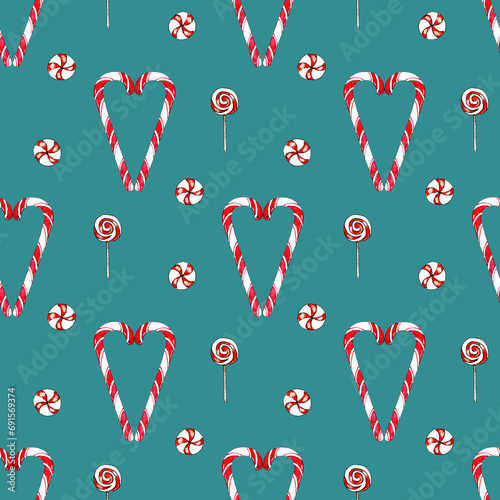 Raster seamless pattern with Christmas candy canes on green background