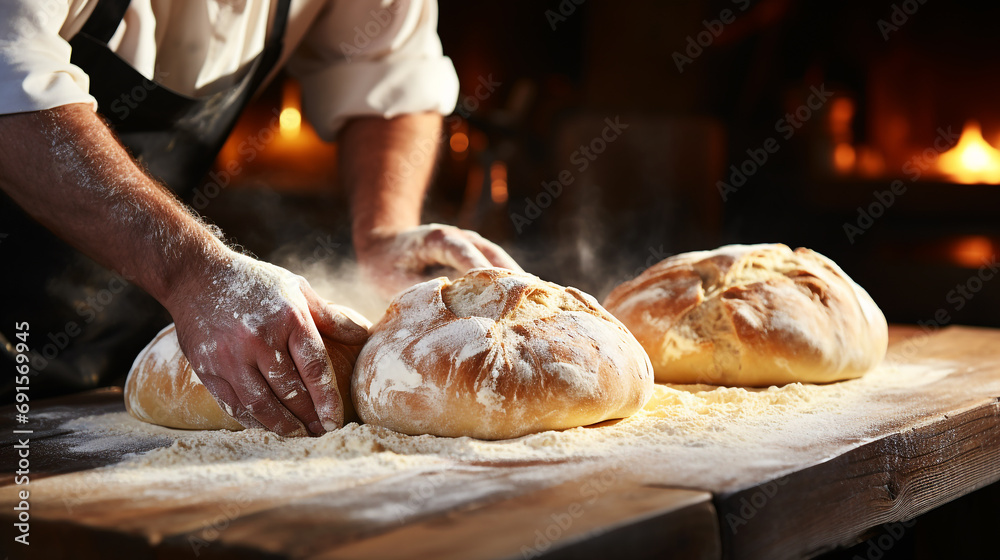 Baker kneading dough and making delicious bread in the kitchen