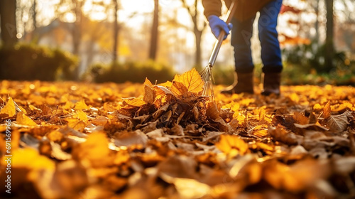 Gardener uses rake to clean fallen leaves in autumn