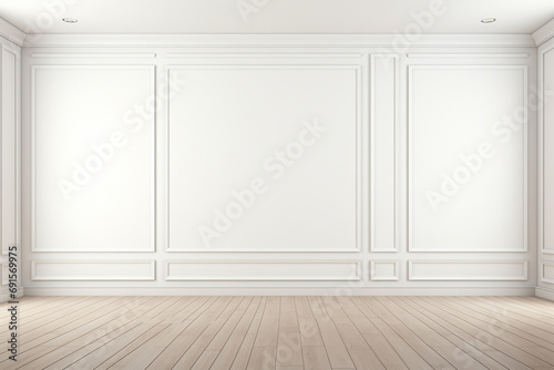 Mockup of an empty room with a white wall, wooden floor, and sunlight streaming in, providing a blank canvas for your design ideas. Generative AI.