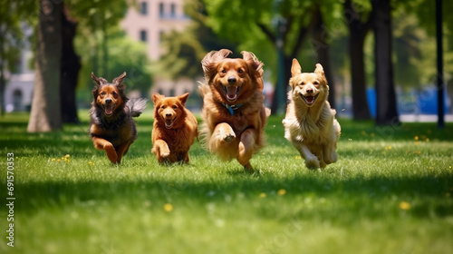 Group of happy dogs running along green grass