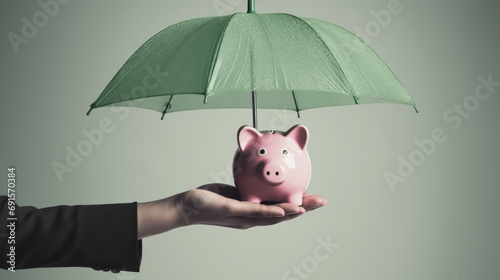 Piggy bank under an umbrella on a light background