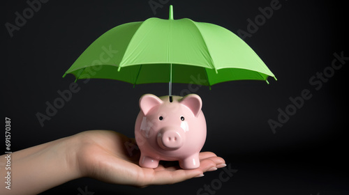 Person holding Piggy bank under an umbrella on a dark background