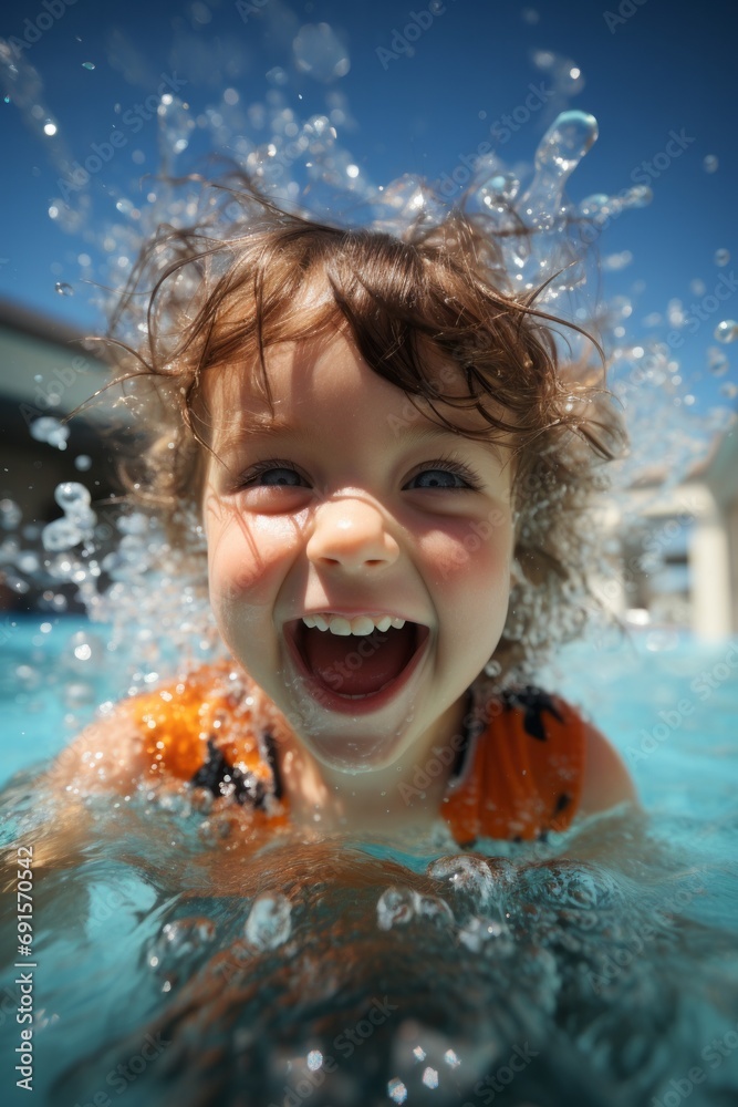 Portrait of joyful child in the pool, the child is smiling broadly, splashing water, rest, vacation Portrait of joyful child in the pool, the child is smiling broadly, splashing water, rest, vacation