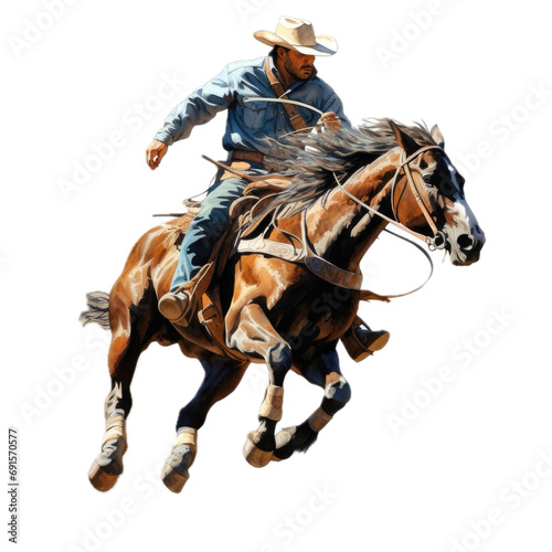 a Cowboy riding his horse, 3/4 view, in a PNG, Western-themed, isolated, and transparent photorealistic illustration. Generative ai © Purple Penguin GFX