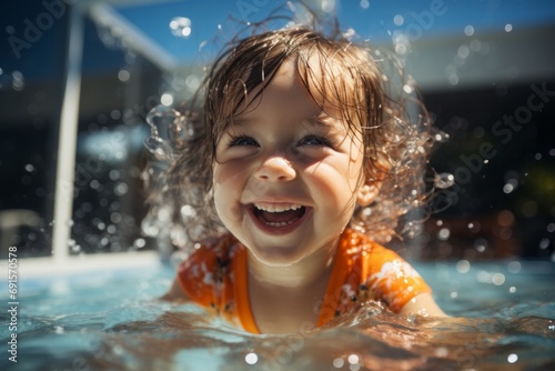 Portrait of joyful girl in the pool, the child is smiling broadly, splashing water, rest, vacation