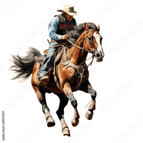 a Cowboy riding his horse, 3/4 view, in a PNG, Western-themed, isolated, and transparent photorealistic illustration. Generative ai