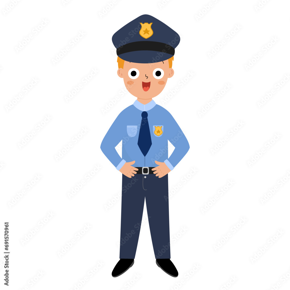 Cute boy policeman in cartoon style. Funny kid in police uniform isolated on white background. Young officer clipart. Vector illustration