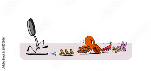Color cartoon of frying pan chasing seafood like octopus, mussels and lobster. Funny hand drawn illustration for cooking, humor and food concept.