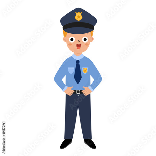 Cute boy policeman in cartoon style. Funny kid in police uniform isolated on white background. Young officer clipart. Vector illustration