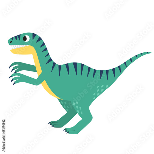 Cute velociraptor in cartoon style isolated element. Funny dinosaur of jurassic period for kids design. Prehistorical dino clipart. Vector illustration  © juliyas