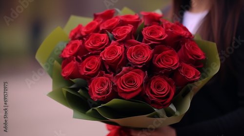 Beautiful bouquet of roses in the hand of a woman  a manifestation of love and attention. Generate Ai