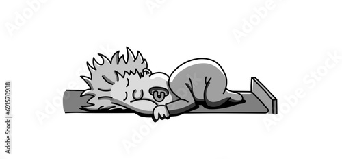 Hand drawn black and white cartoon of a baby girl sleeping peacefully with a pacifier. Simple line art character isolated on white background, ideal for parenting and baby care concepts.