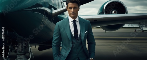 Rich and successful young businessman in suit and sunglasses with private jet on background © Oleksii Halutva
