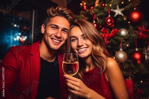 Cheerful young people with glasses of champagne near the Christmas tree