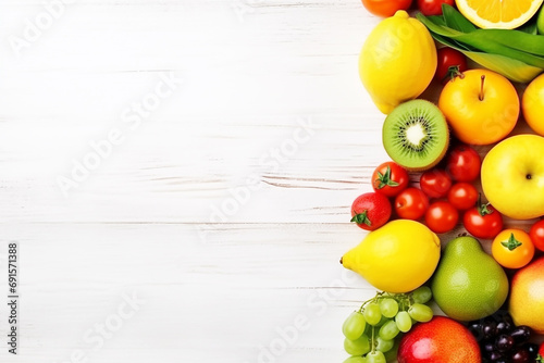 Mixed fruits and vegetables on white wooden background