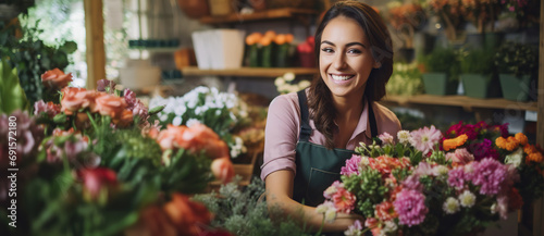 Smiling attractive hispanic female Small business owner in her florist shop.