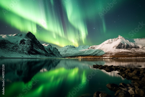 Aurora light over in the lake with snowy mountains