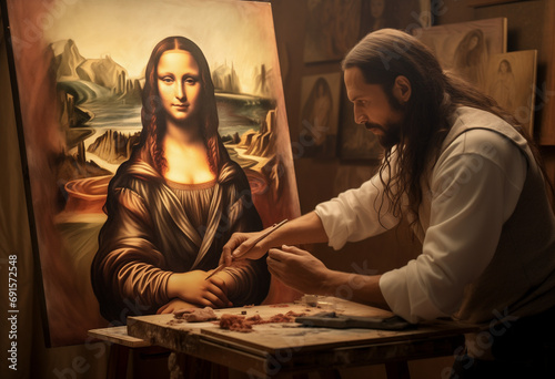 Representation of the Historical Moment of the Genius Leonardo Da Vinci Painting his Muse and Creating his Masterpiece, the Mona Lisa, in his Art Workshop. Pure Talent and Inspiration Put on Canvas photo