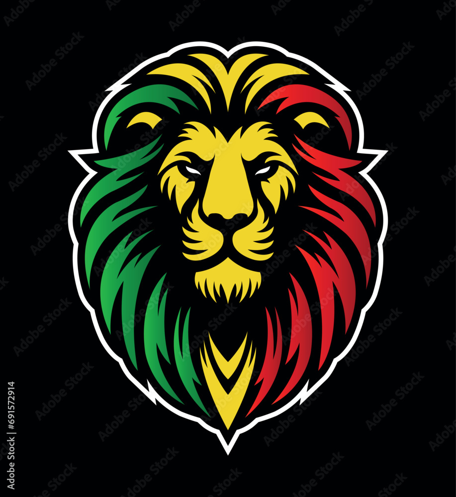 Jamaican reggae rasta lion head front view with rastafarian colors on dark background. Lion of Judah face eps vector art image illustration.