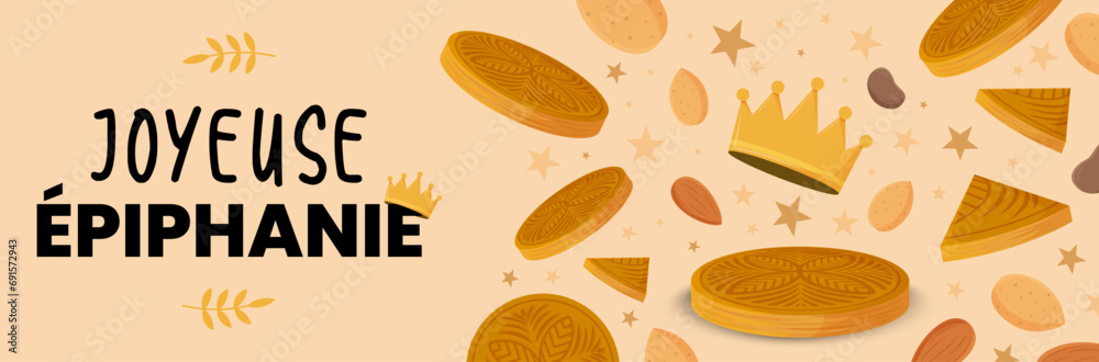 Joyeuse Épiphanie - Bannière festive pour le jour de la galette des Rois - Illustration vectorielle éditable présentant des galettes des Rois, fèves, amandes et couronnes - Design joyeux - Fête