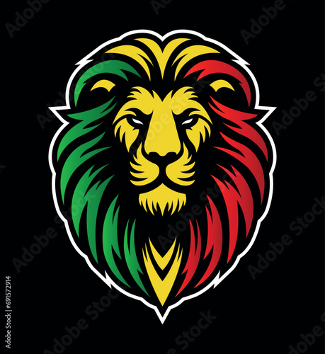 Jamaican reggae rasta lion head front view with rastafarian colors on dark background. Lion of Judah face eps vector art image illustration.