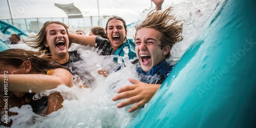Group of teenagers, laughing and holding onto each other, as a wave crashes over them in the wave pool at the aqua park, concept of Joyful camaraderie photo