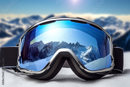 Ski goggles in the snow. Mountains reflect out of glass. Winter sports and equipment. Generative Ai photo