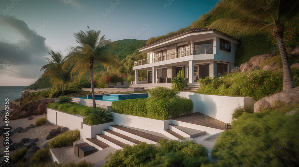 Sea Facing Modern Bungalow. Beach House. Modern House on Mountain with ocean view. Luxurious house on the beach mountain. Generative AI. 