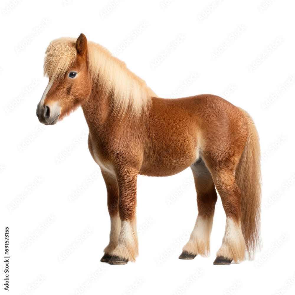 Obraz premium a Pony horse with various markings, 3/4 view, full body, PNG, in a Riding/pet-themed, isolated, and transparent photorealistic illustration. Generative ai