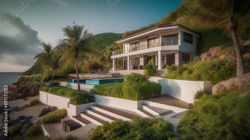 Sea Facing Modern Bungalow. Beach House. Modern House on Mountain with ocean view. Luxurious house on the beach mountain. Generative AI.  © kantaria