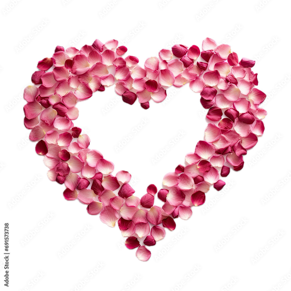 Obraz premium pink rose petals in the shape of a heart in a top view, isolated and transparent PNG in a Love-themed, photorealistic illustration. Generative ai