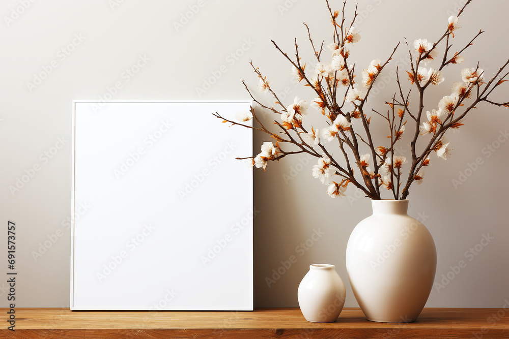 Empty frame on table with vases flower Empty frame on table with vases flower