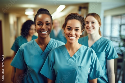 ortrait of a young nursing student standing with her team in hospital, dressed in scrubs, Doctor intern