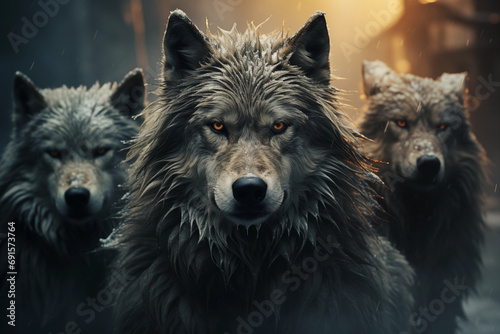 Wolves in a pack  their breath visible in the cold air  minimalistic cinematic style
