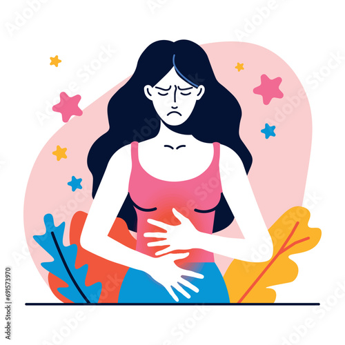 Woman holding her stomach with both hands, feeling pain, cartoon flat design, vector