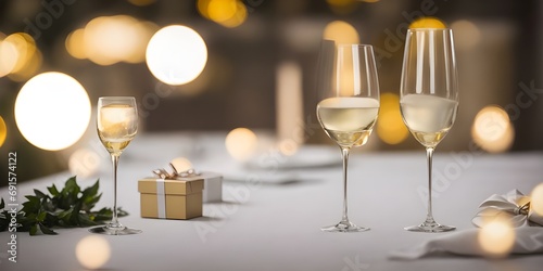 White wine filled in Wine glass minimalist with gift boxes on the table  bokeh lights celebration background  copy space