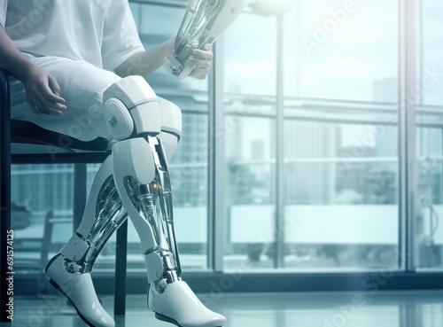 working person of robotic leg in the medical clinic stock photo, in the style of uhd image, auto body works, contrasting