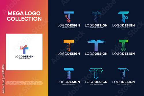 Collection of creative letter T logo designs. Abstract symbol for digital technology