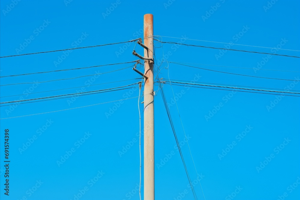 Fototapeta premium Bright sparks of electricity surge through interconnected wires against a clear blue sky backdrop