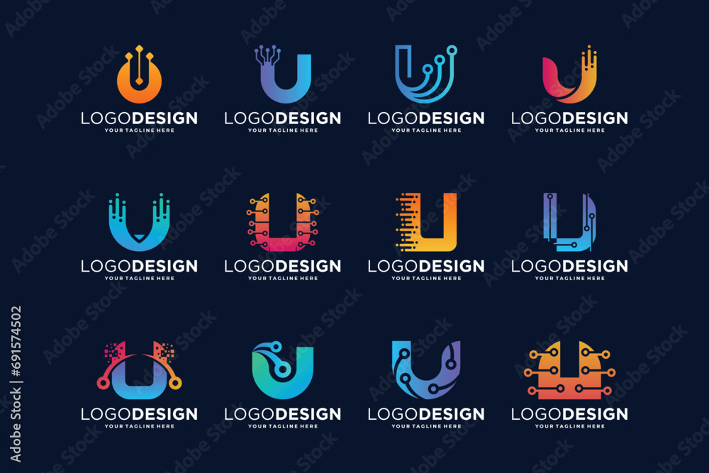Collection of digital connection letter U logo designs - obrazy, fototapety, plakaty 