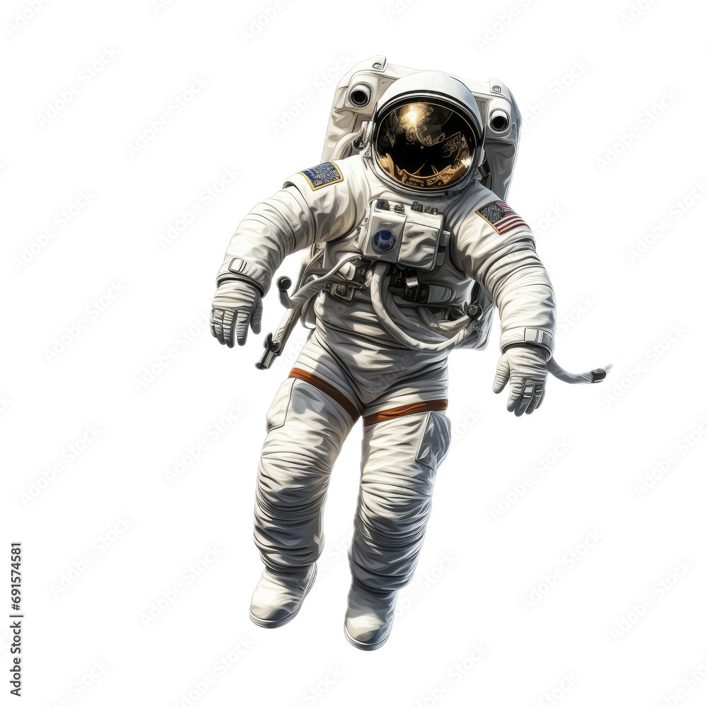 an Astronaut floating, in a side view, PNG, in a Space-themed, isolated, and transparent photorealistic illustration. Generative ai